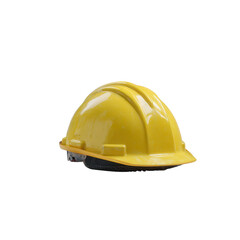 Fototapeta premium A yellow hard hat on a white isolated background, symbolizing safety and protection in construction and industrial environments.