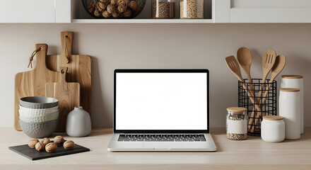Laptop Display on Wooden Kitchen Countertop with Cutting Boards and Utensils in a Warm Neutral Interior Ambiance