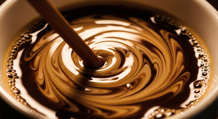 A close-up of a rich, dark liquid being poured into a cup, creating a creamy brown swirl in the coffee.
