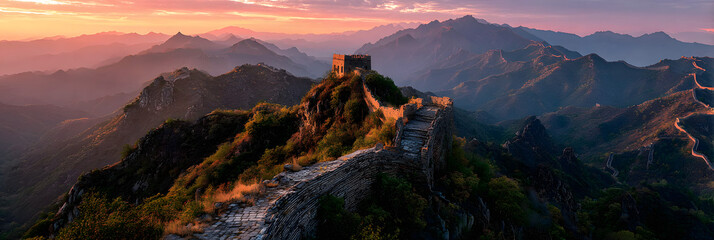 Aerial view of the Great Wall of China stretching across rugged mountains during a stunning sunrise