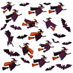 Halloween pattern of witches on broomsticks and bats.
