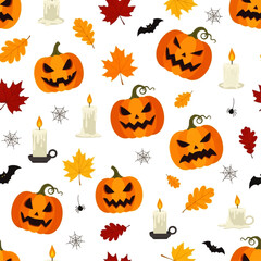 Spooky Halloween pattern featuring jack-o'-lanterns, autumn leaves, candles, bats, and spiderwebs.