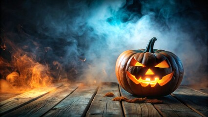 Naklejka premium Illuminated Jack o' lantern on rustic wooden planks with smoky Halloween backdrop