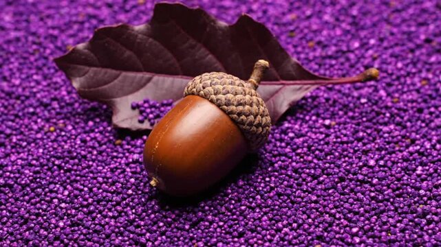 A brown acorn sits atop a deep purple granular surface accompanied by a dark red leaf