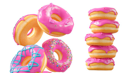 Donuts with pink fruit glaze, sprinkles, white drizzle, and dots isolated on white transparent background. 3d rendering and illustration of dessert variety