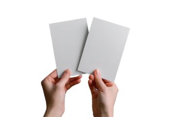Two blank cards held by hands against a black background