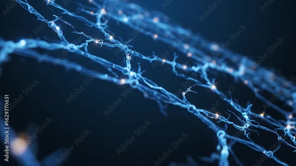 Poster artistic 3d render of neural network activity illuminating neuron connectivity and data transfer aga