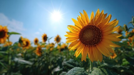 Obraz premium Sunflower fields bathed in bright sunlight on a clear day represent the power of nature, freshness, and vibrant life.