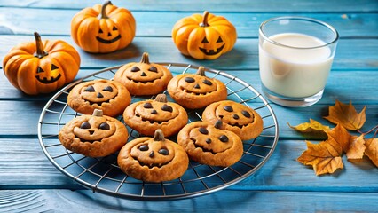 Halloween pumpkin shaped cookies on cooling rack with mini pumpkins and milk Autumn leaves on blue wooden background
