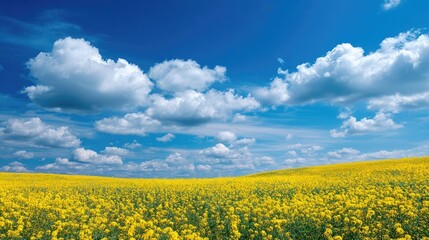 Description: A field of bright yellow flowers stretches across the landscape under a blue sky and fluffy clouds. Summer or spring.