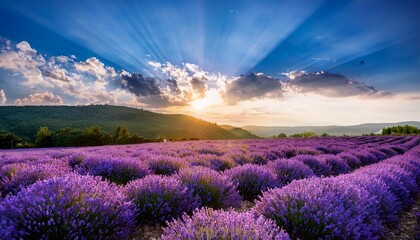 Obraz premium lavender field with sun rays shining through the flowers creating a beautiful landscape