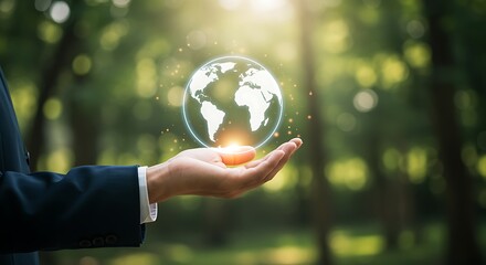 Fototapeta premium Businessman holding a glowing digital globe with light rays in a forest setting hand