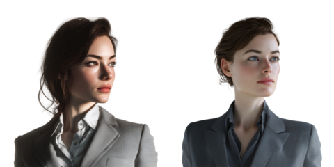 Set of woman wearing a grey suit, with serious expression isolated on a transparent background