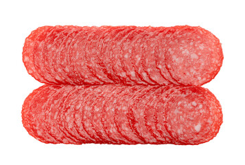 Dried salami sausage isolated on white background. Smoked sausage sliced.