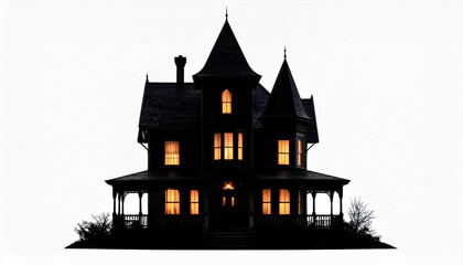 Silhouette of an old Victorian mansion or haunted house on a clean white background. The building is dark in color, with tall pointed towers and a veranda. The windows glow with eerie yellow light, cr