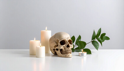 A creepy and mysterious still life. In the center of the composition is a human skull, surrounded by three white candles of different sizes and a small branch with green leaves. In the background is a