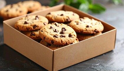Delicious stack of chocolate chip cookies displayed in a brown cardboard box