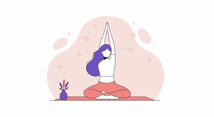 Serene woman practicing a morning yoga routine for physical and mental health. Flat design illustration for a healthy lifestyle concept.