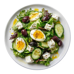 Flat lay of a keto-style salad with mixed greens feta and avocado transparent background