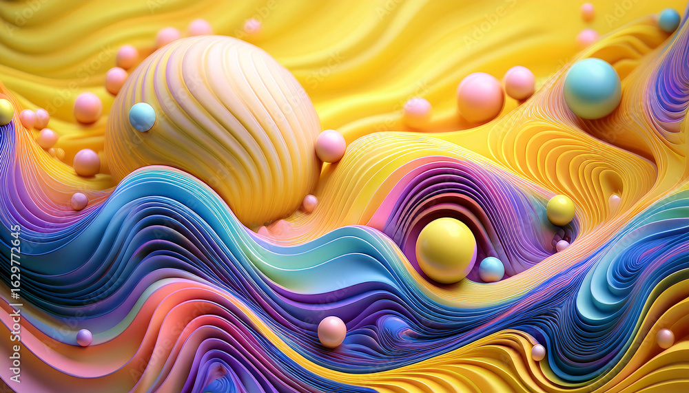 Poster a vibrant abstract composition with colorful paper waves and spheres. generative ai