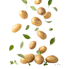 potatoes falling in the air with leaves on white background png