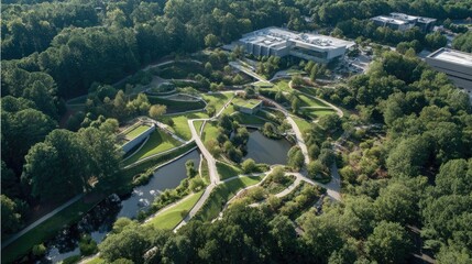 Fototapeta premium An aerial view of a garden with winding walkways and a small pond, surrounded by lush trees and office buildings.