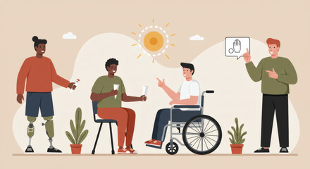 A diverse group of male friends with various disabilities enjoying a sunny day, representing community support and inclusion.