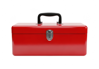 Classic red metal toolbox with silver latch and handle isolated on a transparent background