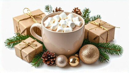 A warm and cozy still life dedicated to the winter holidays. In the center of the composition is a large mug of hot cocoa decorated with marshmallows. Around the mug are fir branches, pine cones, gold