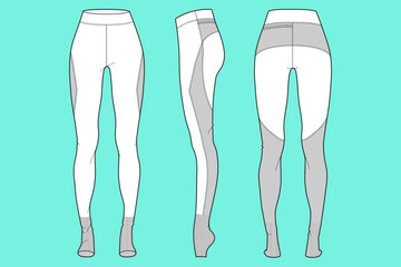 Women's Sports Running Leggings Pants Design Fashion Flat Sketch Vector Illustration Template Front Back and Side Views.