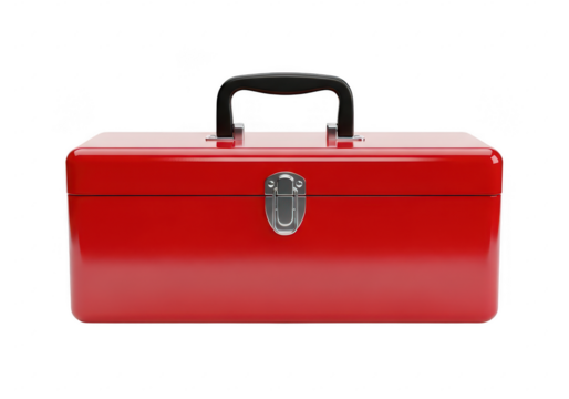 Classic red metal toolbox with silver latch and handle isolated on a transparent background