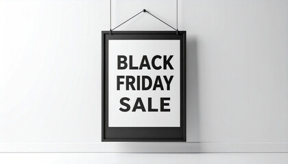 3D rendering of a poster in a black frame with the inscription "BLACK FRIDAY SALE" hanging on a white wall with thin cables. The image is minimalist and modern, perfect for advertising, promotions and