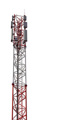 Tower of radio frequency communication facilities: mobile networks, broadcast equipment for transmitting electronic signals over long distances isolated on white background. Clipped path, copy space
