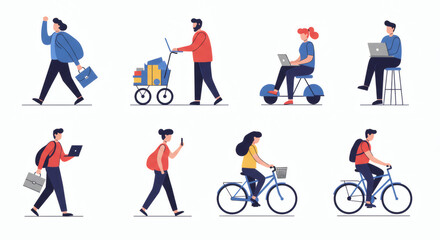 A set of flat vector illustrations depicting diverse people in modern life, commuting by walking or cycling and working with technology.