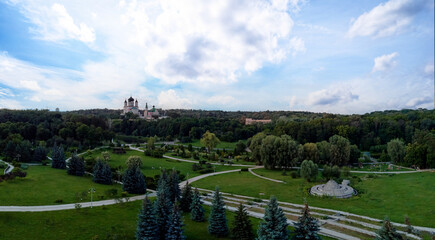 Aerial drone view of beautiful Feofania park in Kyiv, Ukraine.