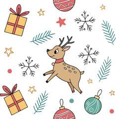 Funny Christmas seamless pattern with cartoon reindeer, winter snow, and holiday gifts for a cute celebration design