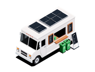 Isometric illustration of a white food truck with solar panels on the roof, two green recycling bins, and menu boards.