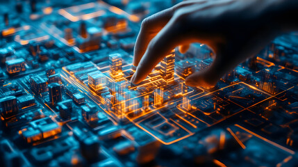 A hand interacting with a futuristic city model with glowing orange lines and blue accents on buildings