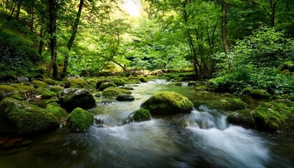 nature scene with soft flowing stream lush green and peaceful vibe reflecting earth gentle rhythm