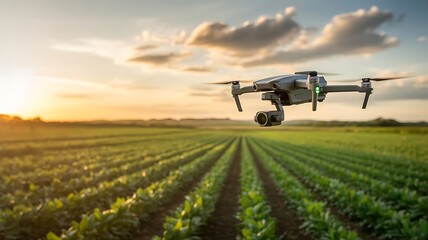 Gray drone flies over green agricultural field at sunset