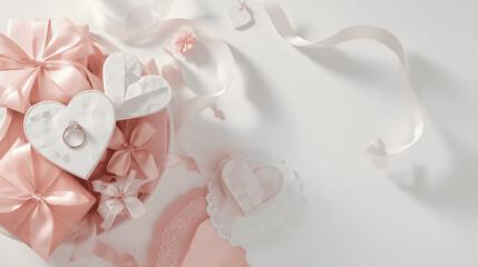Elegant engagement ring in a heart-shaped box surrounded by gifts and ribbons.