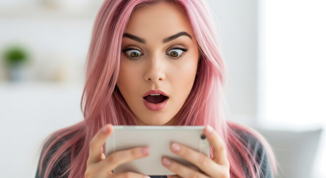 young woman using mobile phone Astonished young woman with pink hair reacts to shocking smartphone content; surprised, amazed expression; bright, vibrant, emotional stock photo. - Powered by Adobe