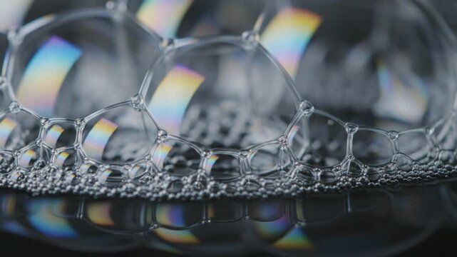 A closeup of iridescent soap bubbles forming an intricate network with reflections