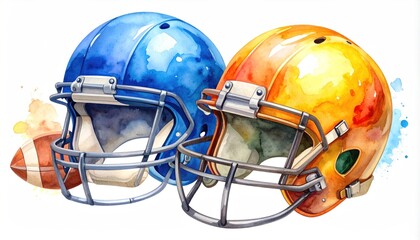 Fototapeta premium Watercolor American football helmets and football, sports theme design elements
