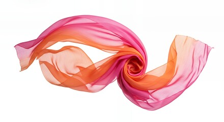 Fototapeta premium Colorful Pink and Orange Silk Fabric Twisting in Spiral Shape on White Background