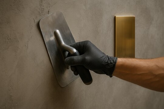 Worker's hand in a black glove applying grey microcement finish with a trowel