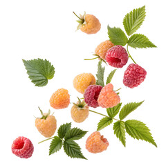 set of salmonberry falling in the air with leaves on white background png