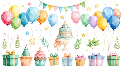 Watercolor party decoration with balloons, cake, cupcake and gifts isolated on white