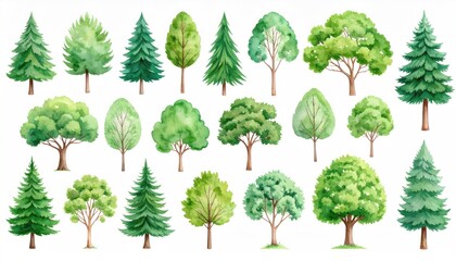 Watercolor tree collection in various shapes and textures against white