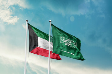 Kuwait Saudi Arabia friendship flags are waving in the sky. Two country flag for agreement or deal. Kuwait KSA national flag for commitment.